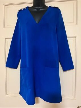 Zara Royal Blue V-Neck Long Sleeve Shift Dress with Shoulder Buttons